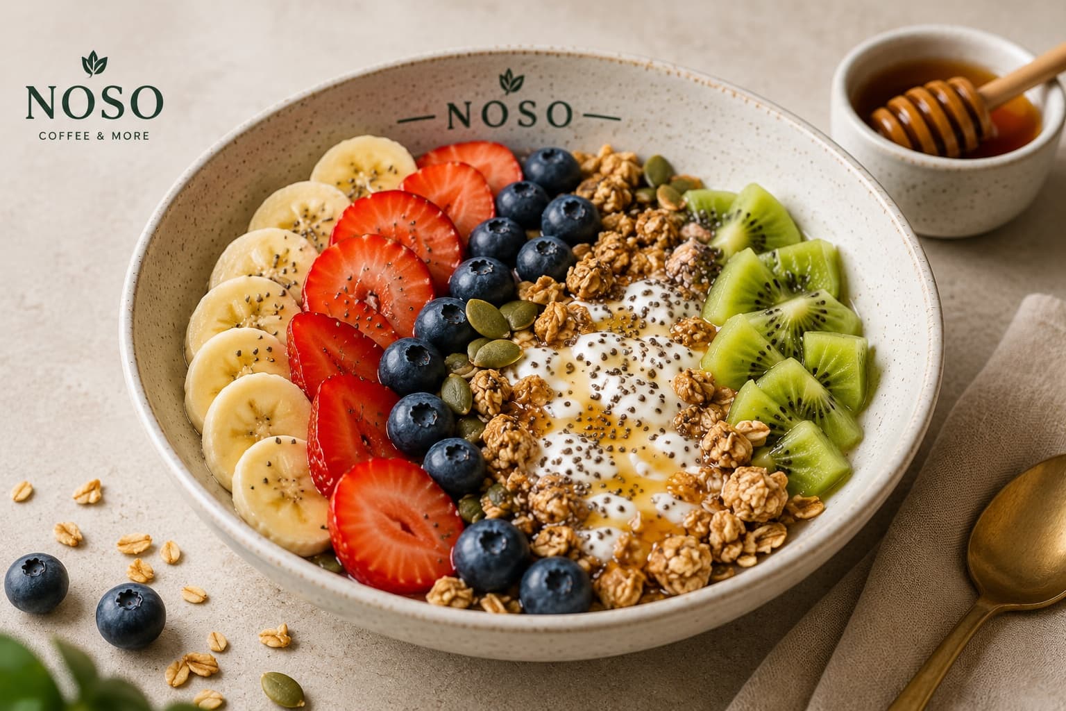 Healthy bowl with fruit and granola, bright clean cafe aesthetic.